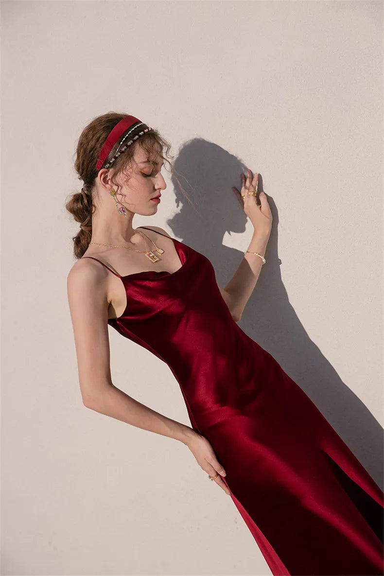 Sexy Spaghetti Strap Burgundy Vintage artificial silk Party Dresses Summer Women Satin Slip Dress Femme long Robe Vestidos