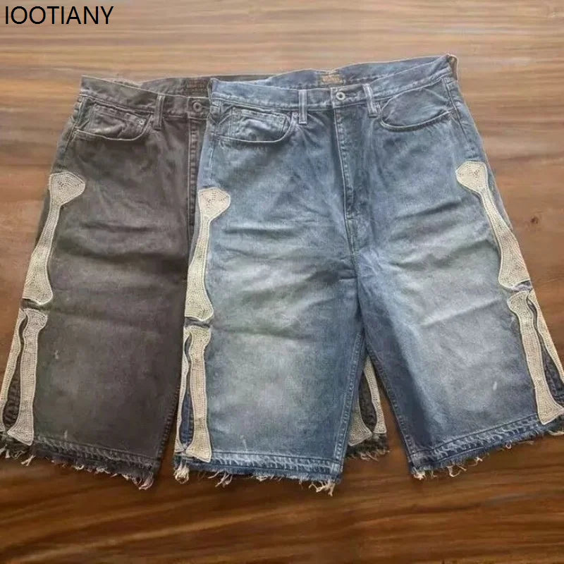 Y2k Retro Harajuku Denim Shorts Women's Washed Patchwork Tassel American Retro Jeans Men's Loose Hip-hop Bone Denim Shorts 2025