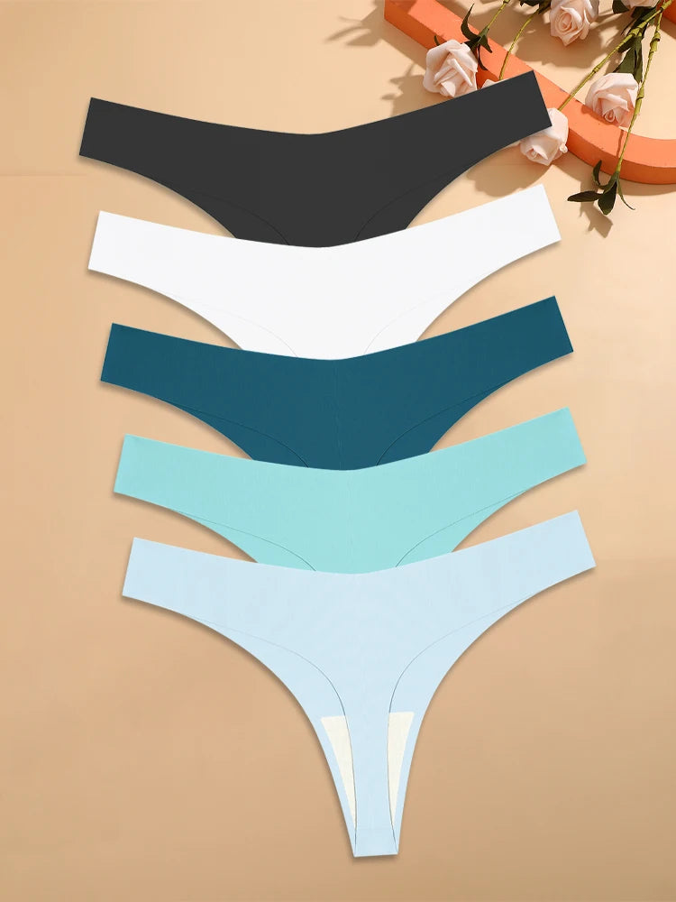 5Pcs Ice Silk Seamless Thongs Women'S'S V-Waist Solid Color Panties Sexy Breathable Low Rise Underwear Invisible Bikini Lingerie
