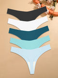 5Pcs Ice Silk Seamless Thongs Women'S'S V-Waist Solid Color Panties Sexy Breathable Low Rise Underwear Invisible Bikini Lingerie
