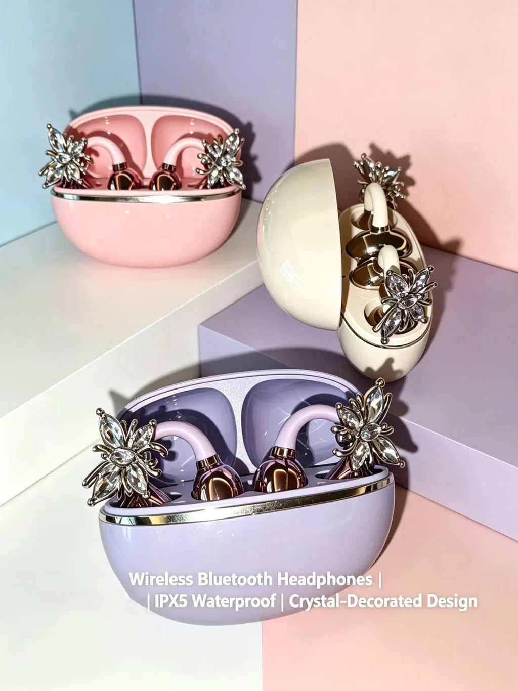 Universal Open Hook Bluetooth Headphones HD Noise Reduction Call Wireless Earphones , Come with Extra Crystal Diamond Butterfly
