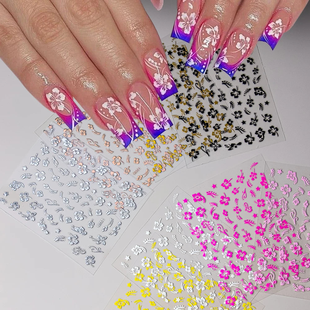 1 pieza 3D pegatinas de hibisco para uñas, flores blancas y negras, pétalos, calcomanías adhesivas, deslizadores florales rosas y dorados para decoración de uñas