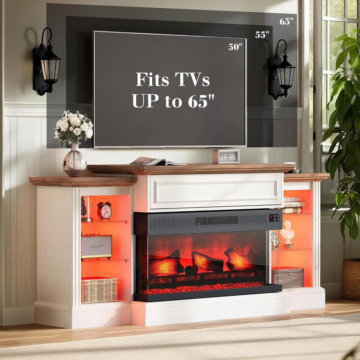 Farmhouse 60" Fireplace TV Stand with 28" Electric Fireplace | 3-Sided Electric Fireplace, Media Entertainment, Customized