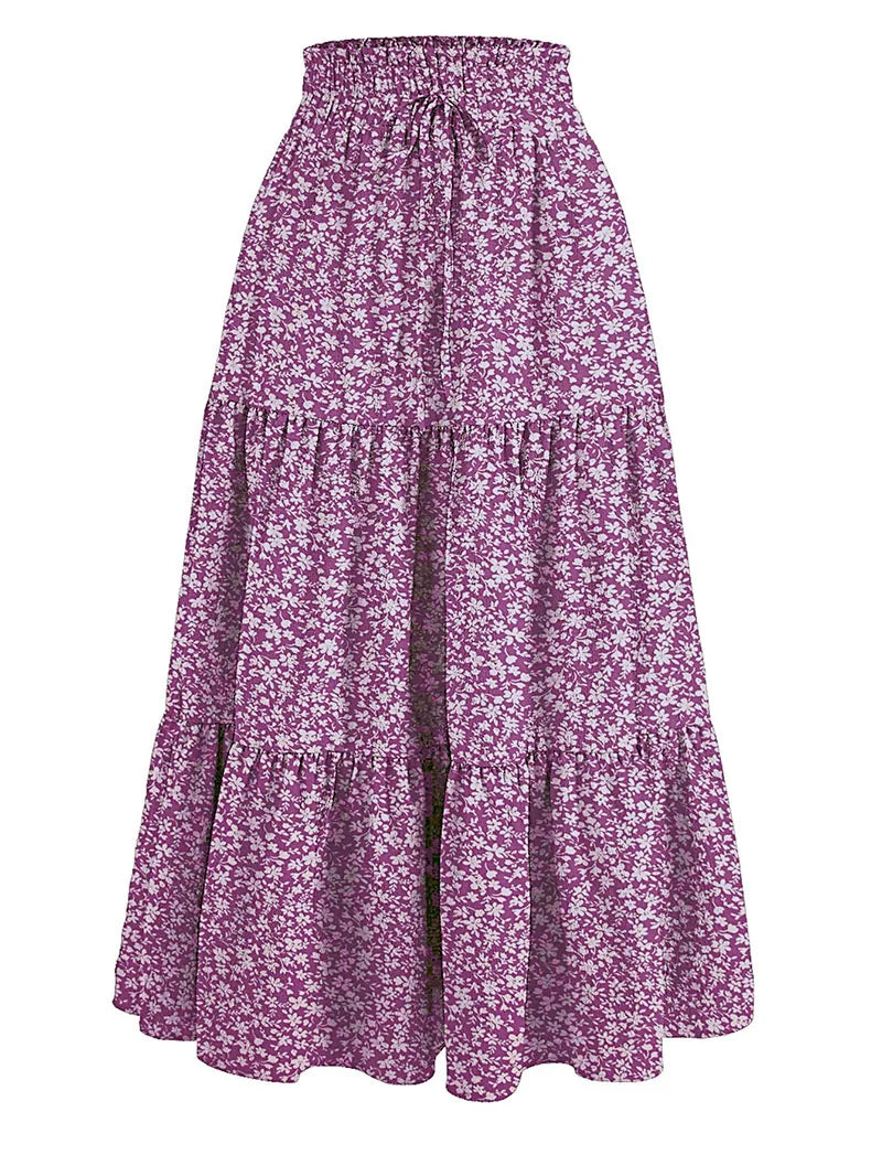 1PC Women's Summer Solid Color Bohemian A-line Midi Skirts 2026 New Female Vacation Casual Loose Faldas