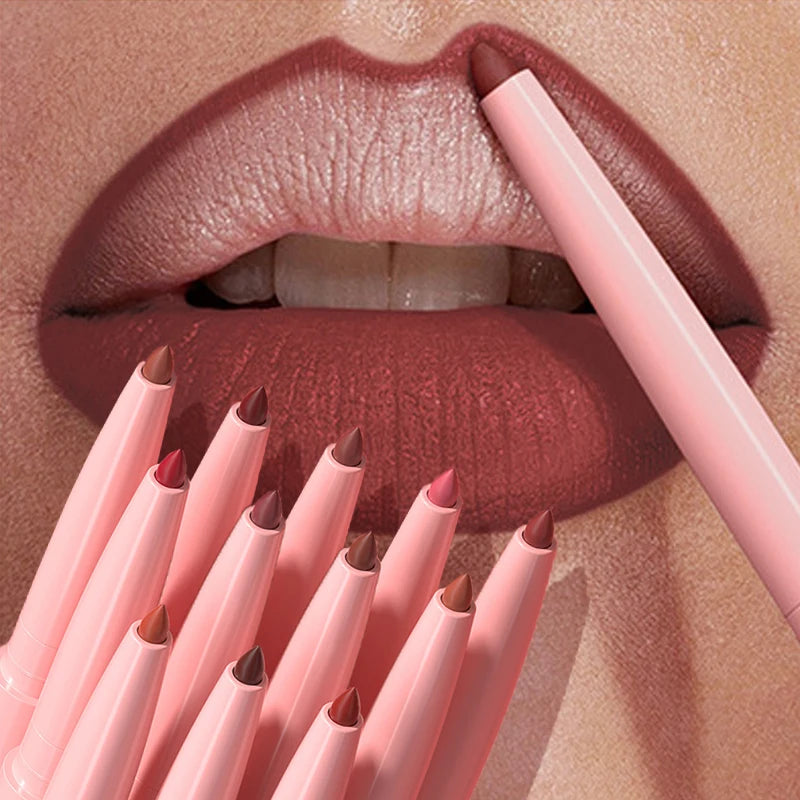 12 Colors Matte Red Brown Lipliner Pencil Waterproof Non-stick Cup Slim Lipstick Make Up Nude Pink Lip Liner Outline Lip Contour