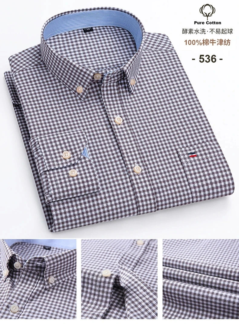 New 100% Cotton Oxford Men Shirts Long Sleeves Plaid Soft Regular Fit Formal Dress Shirt Pocket Social Blouse Male Clothes S-7XL