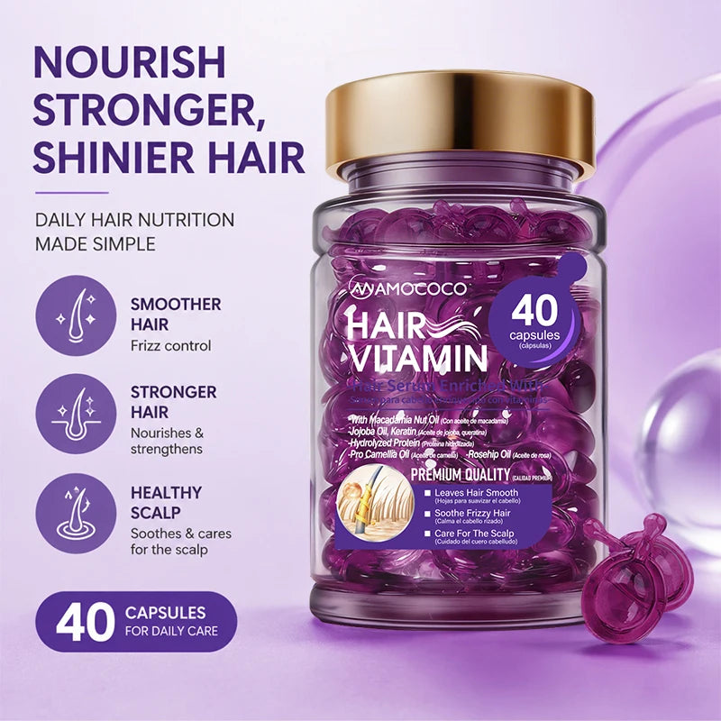 Amococo 3/6/8pcs Hair Serum Capsules 40 Capsules Moroccan Oil Keratin Essence Hair Oil Vitamin E Pro Vitamin B5 Jojoba Oil Rosehip Oil Smooth Moisturizing Hair Care Serum for Frizzy Dry Hair
