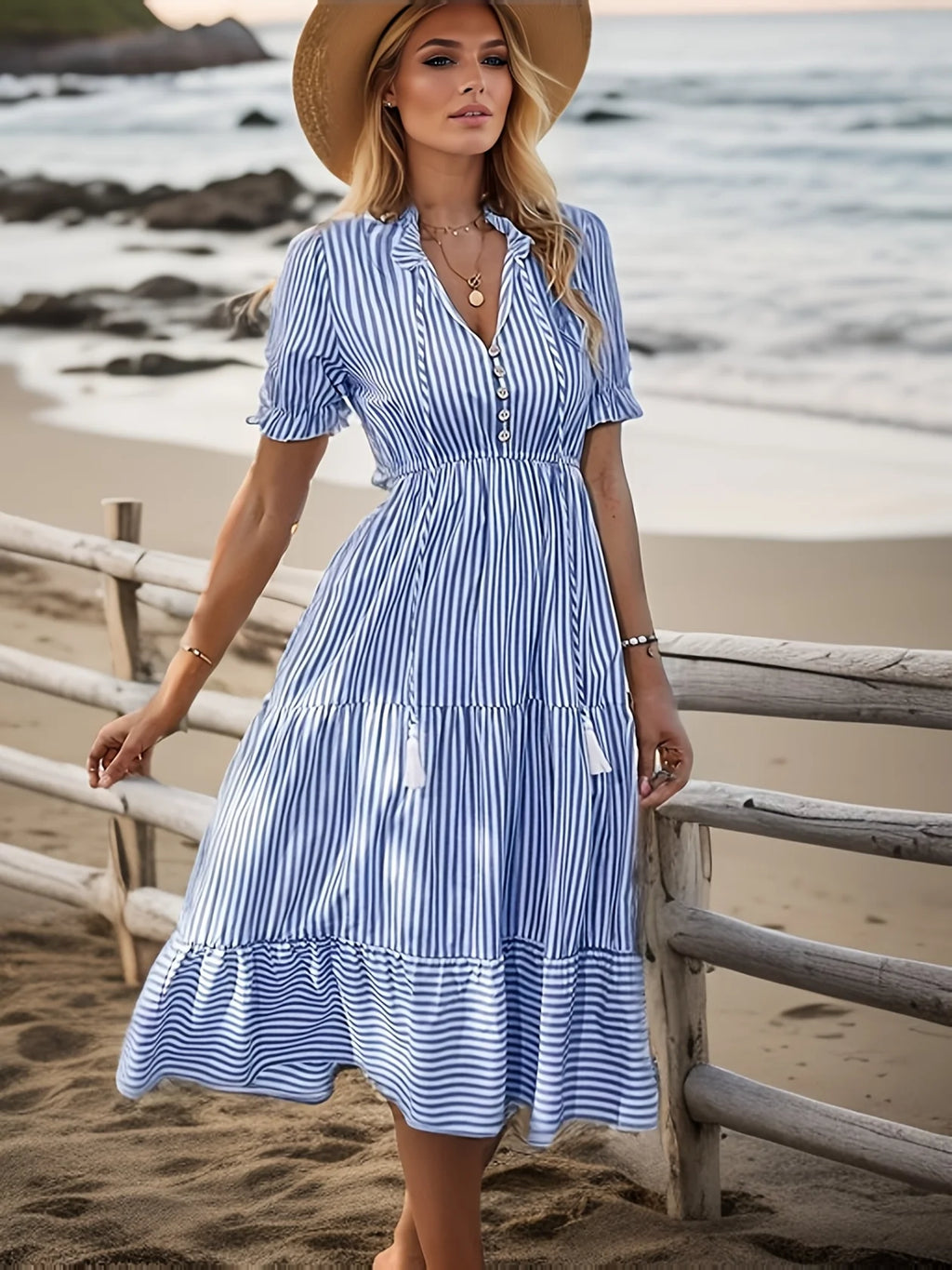Bohemia Tassel Striped Ruffles Summer Dress Women Elegant V-neck Lantern Sleeve Midi Dress Female Holiday Sundress 2025 New