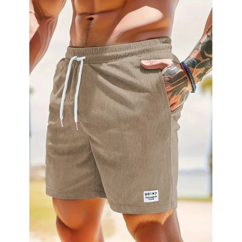 Summer Men's Solid Corduroy Shorts with Drawstring Casual Elastic Waist Fit for Outdoor Daily Activities Streetwear