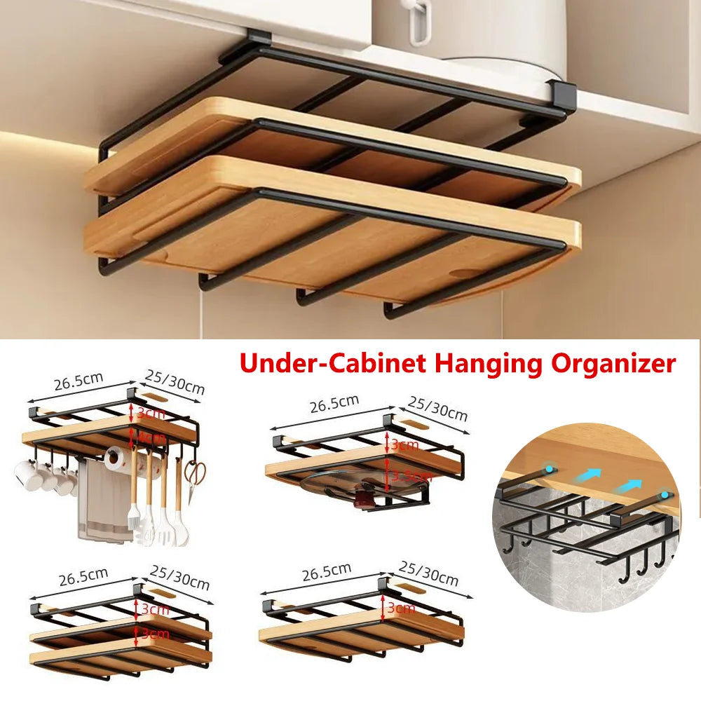 Organizador de cocina colgante con ganchos bajo el armario, soporte para toallas de papel y trapos, tabla de cortar, tapa de olla, estante de almacenamiento