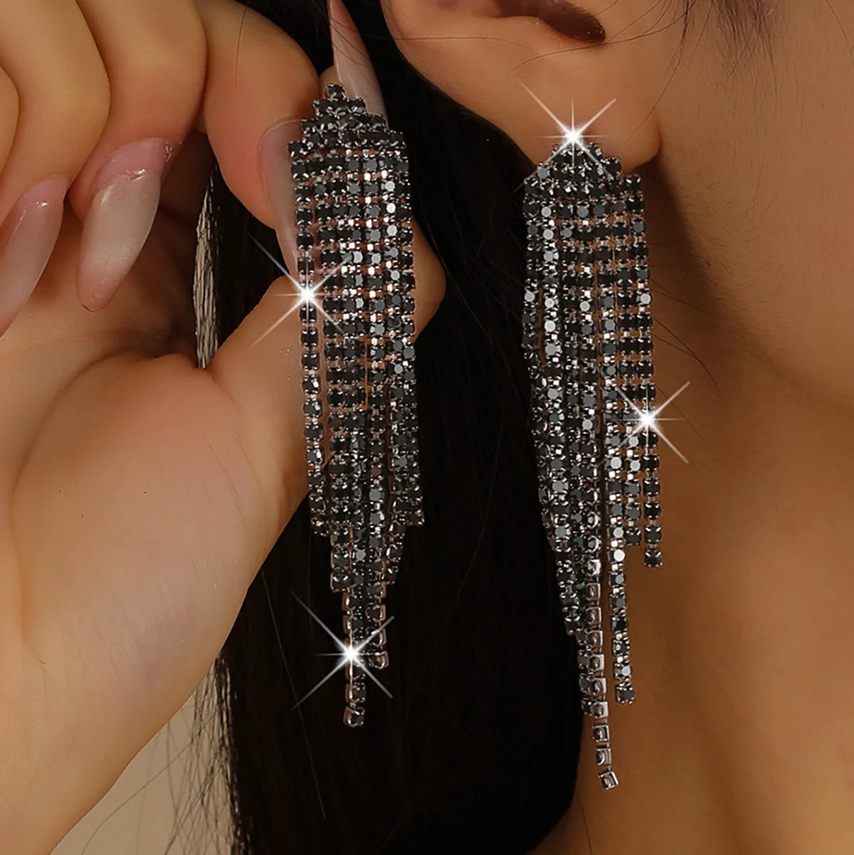 Treazy Shiny 4 Lines Rhinestone Crystal Tassel Long Earrings For Women'S Wedding Hanging Dangle Earrings Bridal Brincos