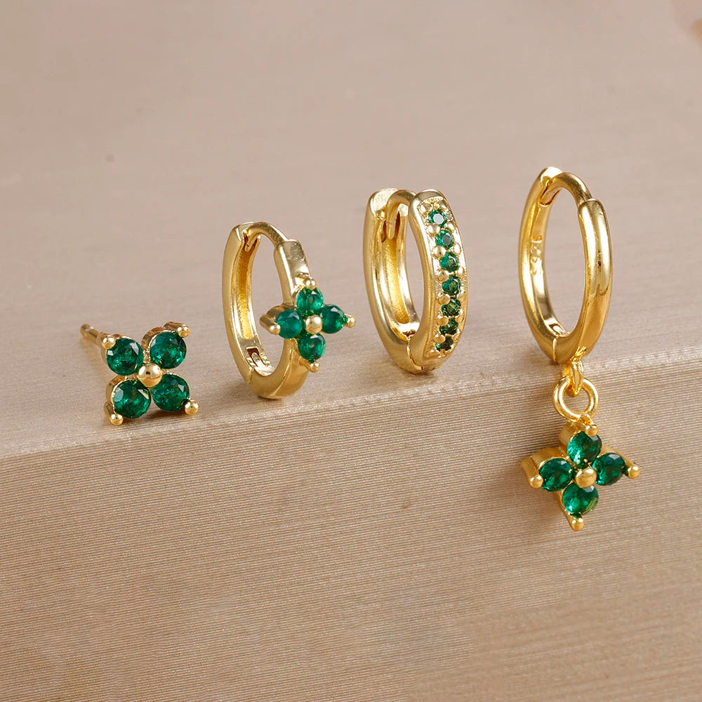 Cubic Zirconia Flower Hoop Earrings 4 Piece Set 18K Gold Plated Stainless Steel For Women