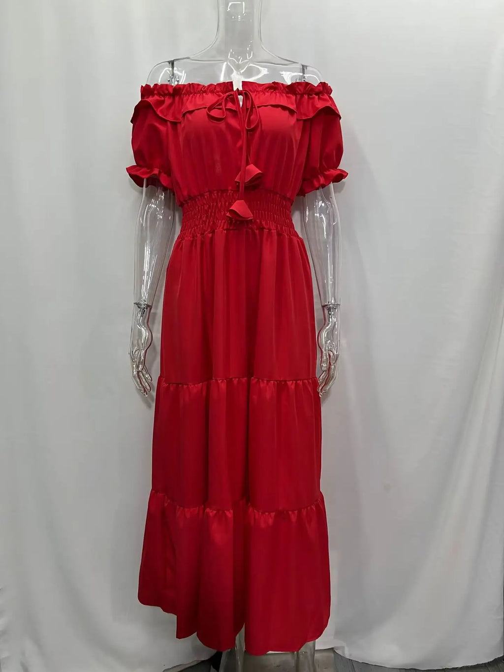 Summer Sexy Off Shoulder Slash Neck Ruffle Beach Party Dress Elegant Women Fashion Red Lace-up Pleated Holiday Long Dresses Robe
