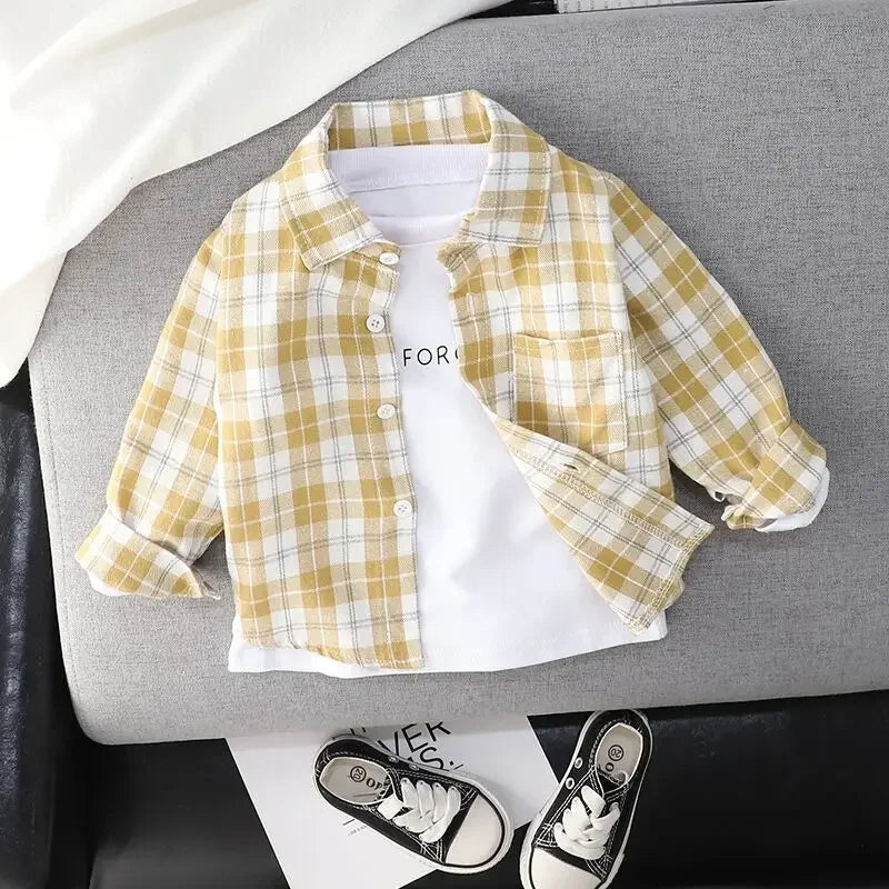 Ienens Kids Plaid Long Sleeve Shirt - Cotton Blend, Unisex