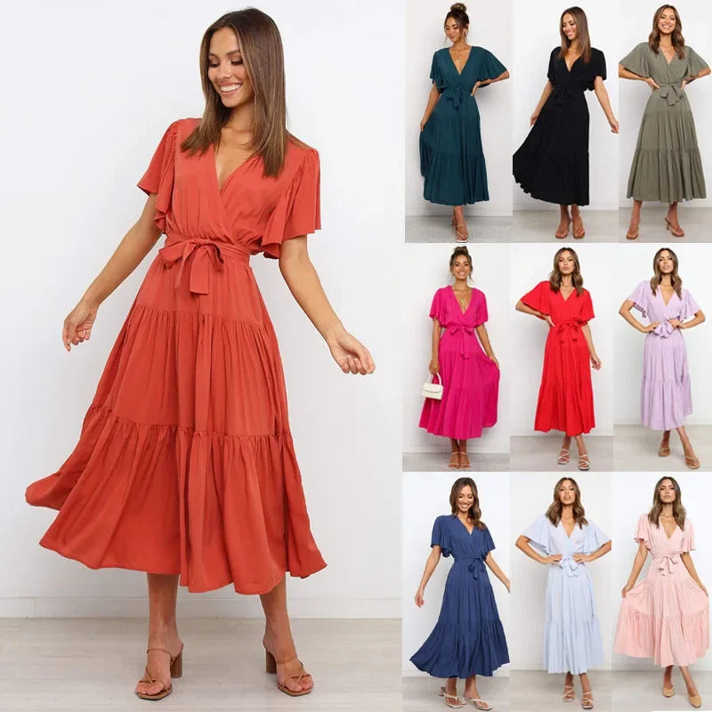 Summer Bohemian Long Dress Pure Color V-Neck Short Sleeve Empire Waist Design Floor Length with Belt Loose Fit Women's Dress
