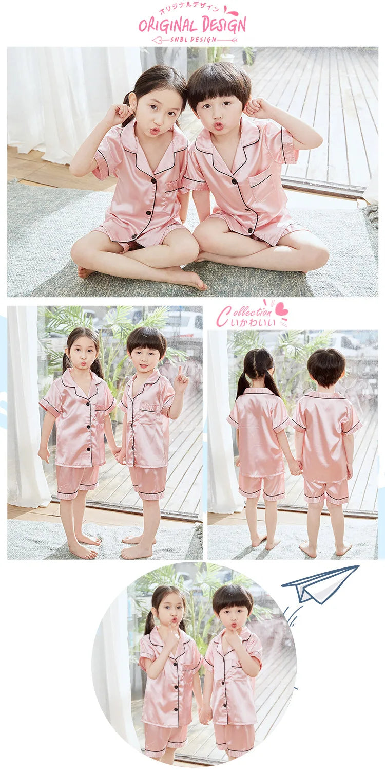 Purple Satin Pajamas Sets for Girls Outfit Sleepwear Set Silk Short Sleeve Pijama Toddler Boy Children's Clothing Kids Home Wear