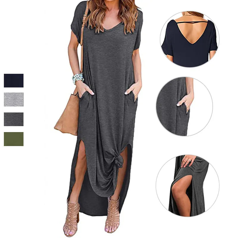 Women's Casual Maxi Dress V Neck Short Sleeve Dresses Loose Fit Long Dress with Pockets Side Slit Outfit Home Casual Daily Wear