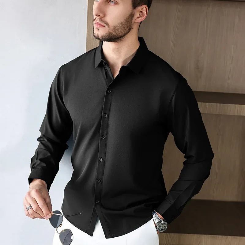 New Men'S Business Casual Long Sleeved Solid Color Shirt Wrinkle Resistant Wrinkle Free Comfortable All Season Versatile Top