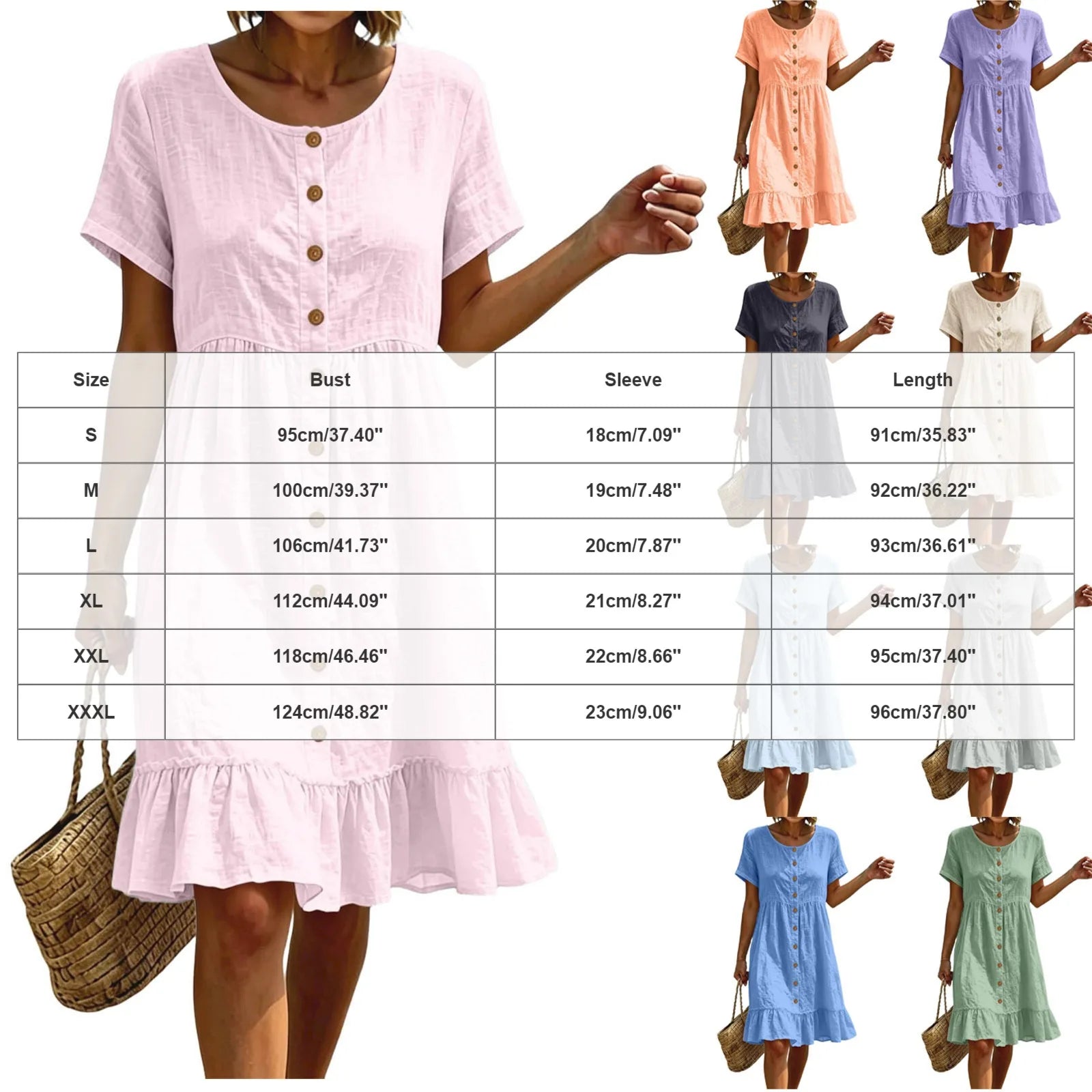 Women Casual Summer Dress Round Neck Front Button Down Short Sleeve Loose Midi Dress Solid Ruffle Hem Beach Cotton Linen Dreses