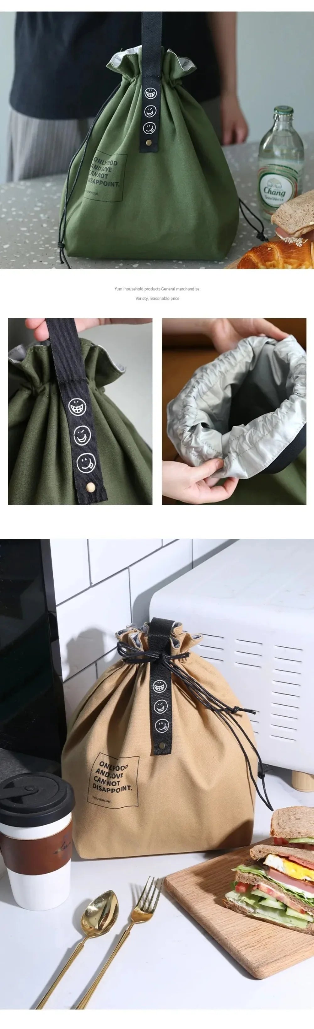 Bolsa de Picnic Portátil de Lona, Diseño con Cordón para Mantener Fresco, Bolsa Térmica Aislada para el Almuerzo Escolar