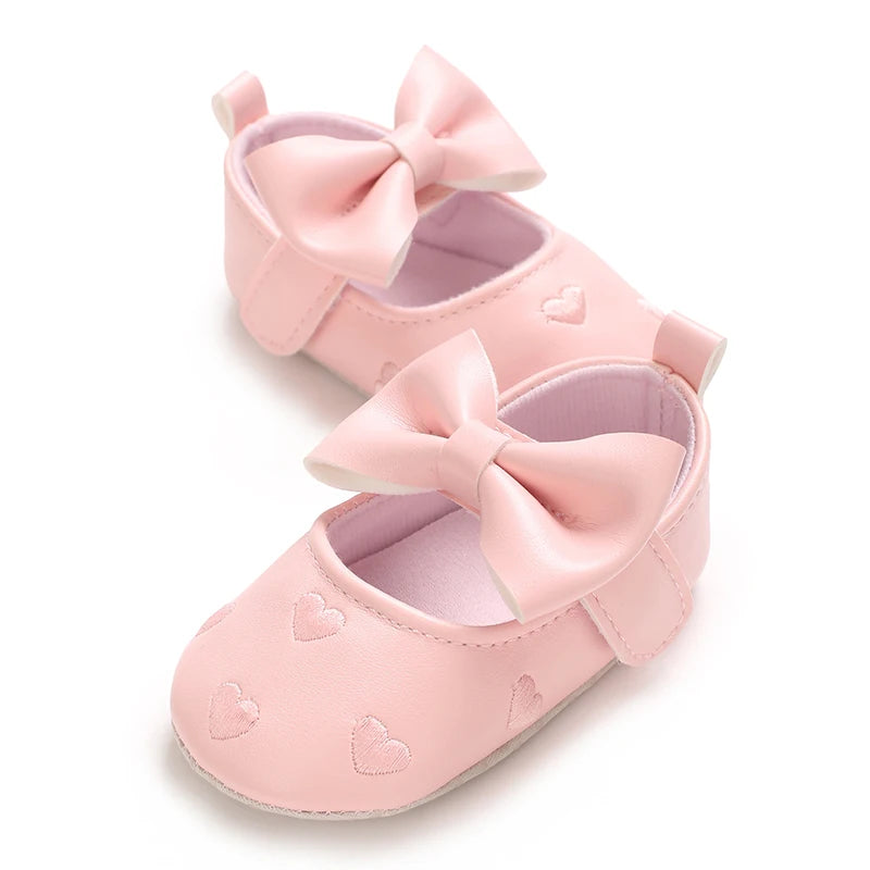 Baby Girl Classic Dress Shoes 0-18M Cute Bow Knot Heart First Walkers Soft Sole Comfortable Newborn Infant