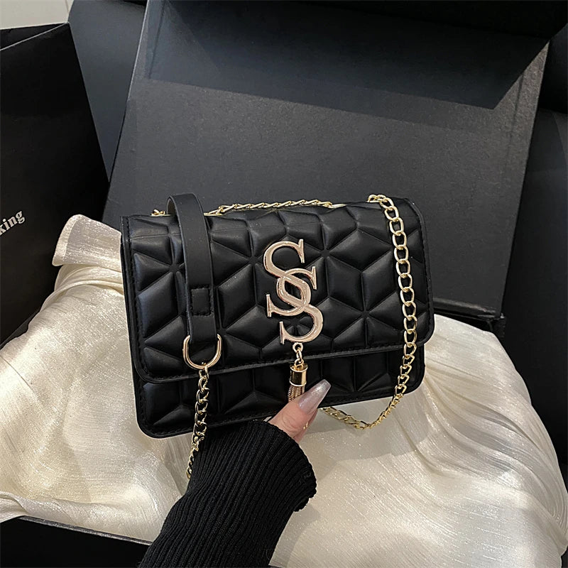 Fashionable Small Fragrant Style Argyle Quilted Small Square Bag Metal Letter Tassel Diagonal Cross Bag Commuter Shoulder Bag