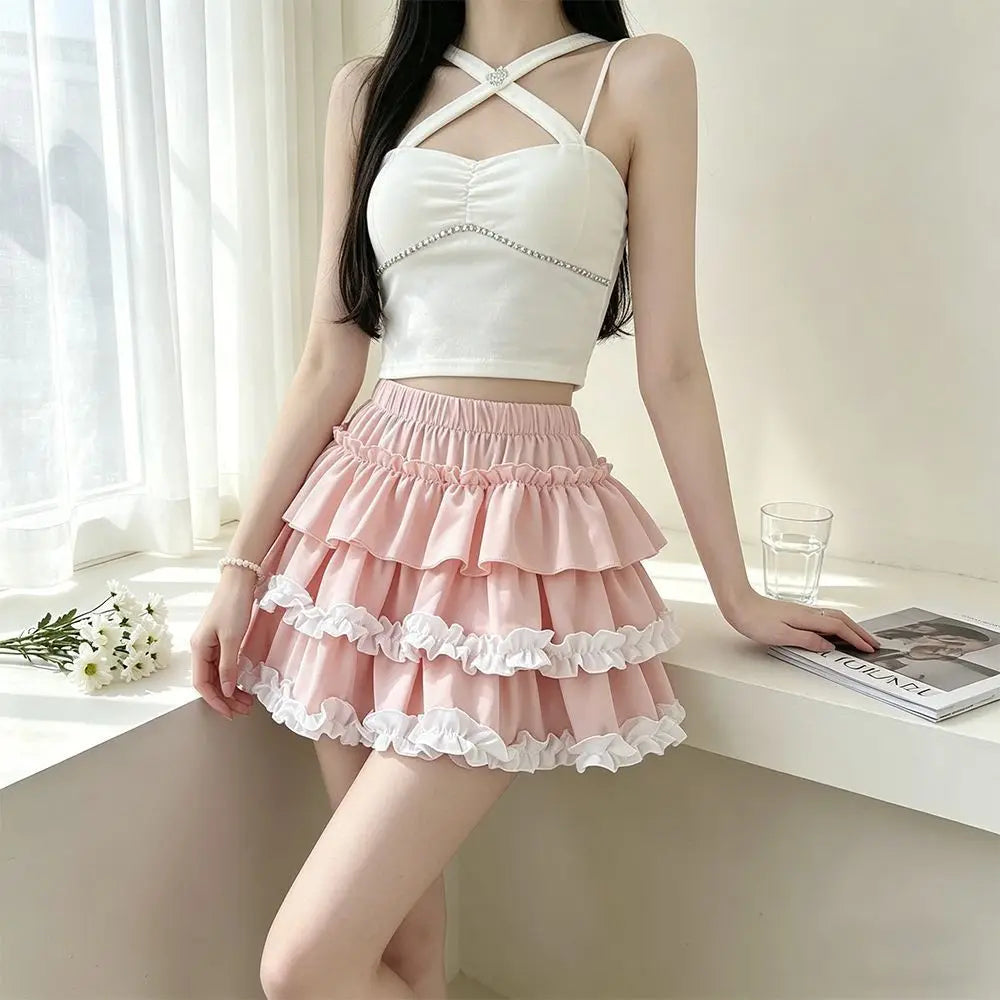 Sweet Ballet Ruffles Mini Skirt Women Ball Gown Casual Pumpkin High Waist Puffy Y2k Clothes Lolita Pleated Skirt with Shorts