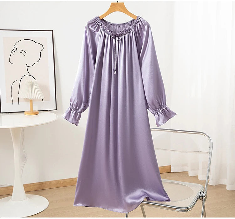 100% Mulberry Silk 16 momme Charmeuse Silk Purple Color Long Sleeve Sleep Dress Sleepwear Nightdress Nightgown QQ068