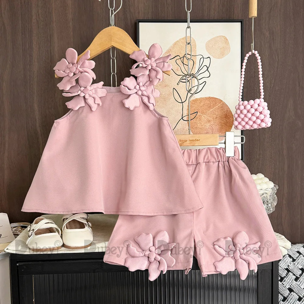 2026 Baby Girls Shorts Clothing Set Flower Vest Blouse and Bottom Summer Outfit Causal Wear Kids Boutique Clothes 0-6Y
