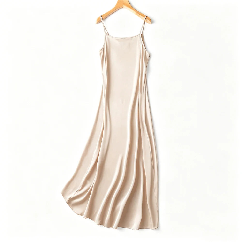 Women's Casual Summer Clothing 95% Natural Mulberry Silk Elastic Double Qiao Satin Adjustable Shoulder Strap Dress