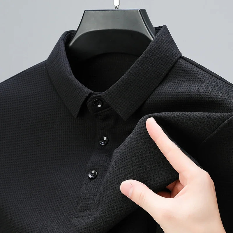 Men's Long Sleeve Polo Shirt - Solid Color Knit Casual Top