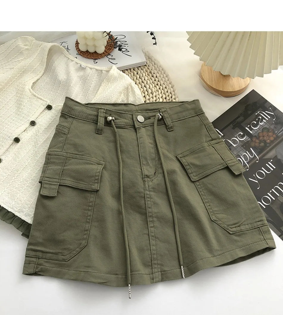 New in Women Summer Drawstring High Waist Denim Package Hip Half-body Skirt Korean Fashion Vintage Versatile Skirt Women Clothes