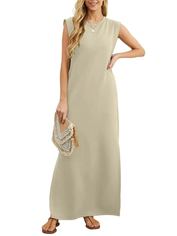 Lady Casual Solid Color Streetwear Summer Fashion Sleeveless Loose Long Dress Woman's Simple Style Slit Hem With Pocket Vestidos