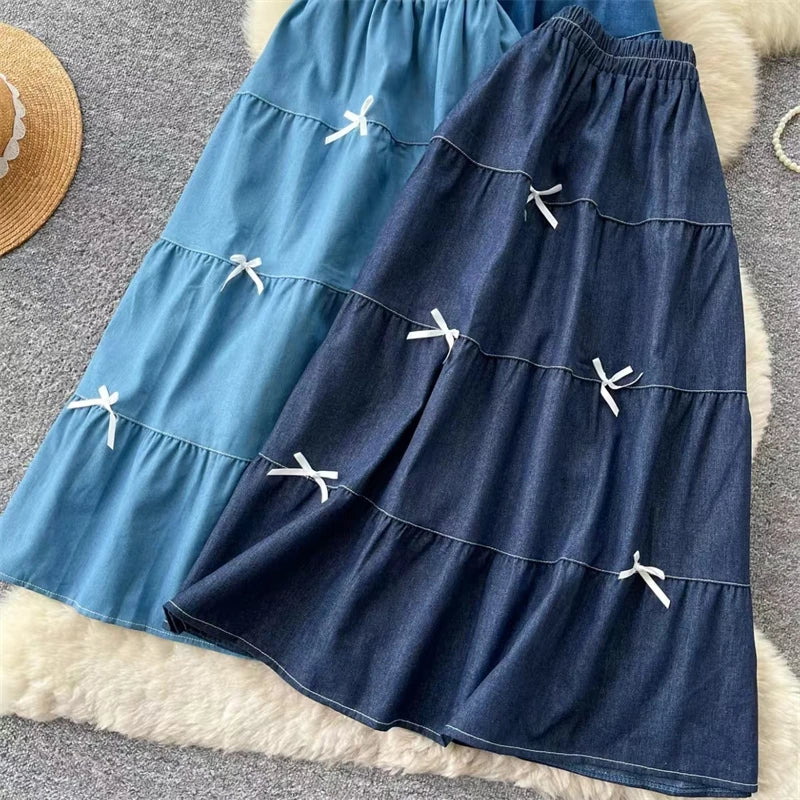 Karofi Vintage Cotton Layered Denim Skirt Women Elastic High Waist Bow Detail Flowy Long Casual A Line Long Midi Skirt