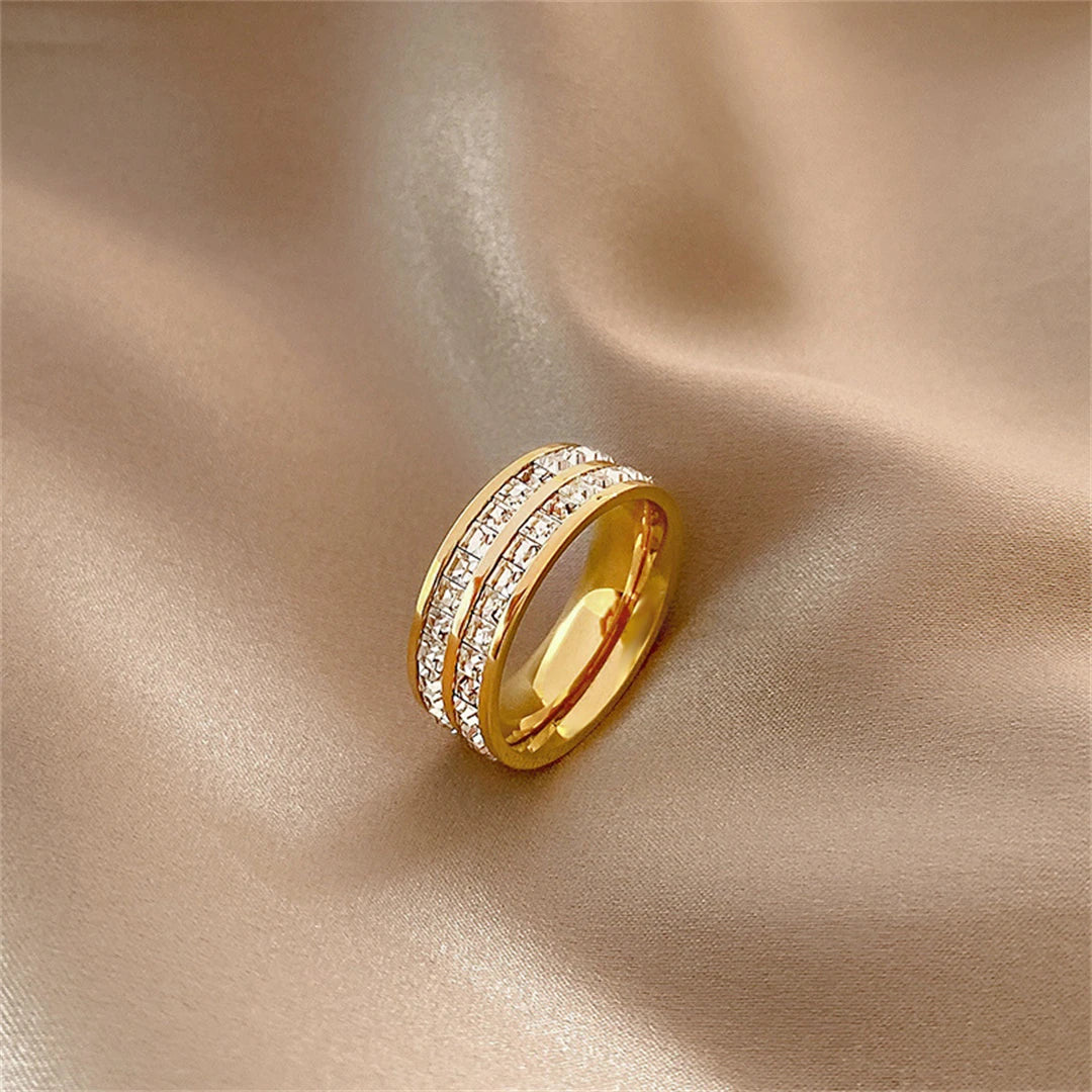 Luxury Rose Gold Double Rowed Square Zircon Stainless Steel Ring Women'S'S Romantic Engagement Wedding Jewelry Women'S