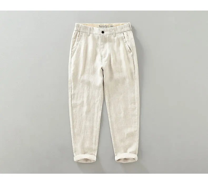 2025 Summer New Breathable Pure Linen Casual Pants for Men Clothing Slim Streetwear Men Ankle-length Pants EC1333