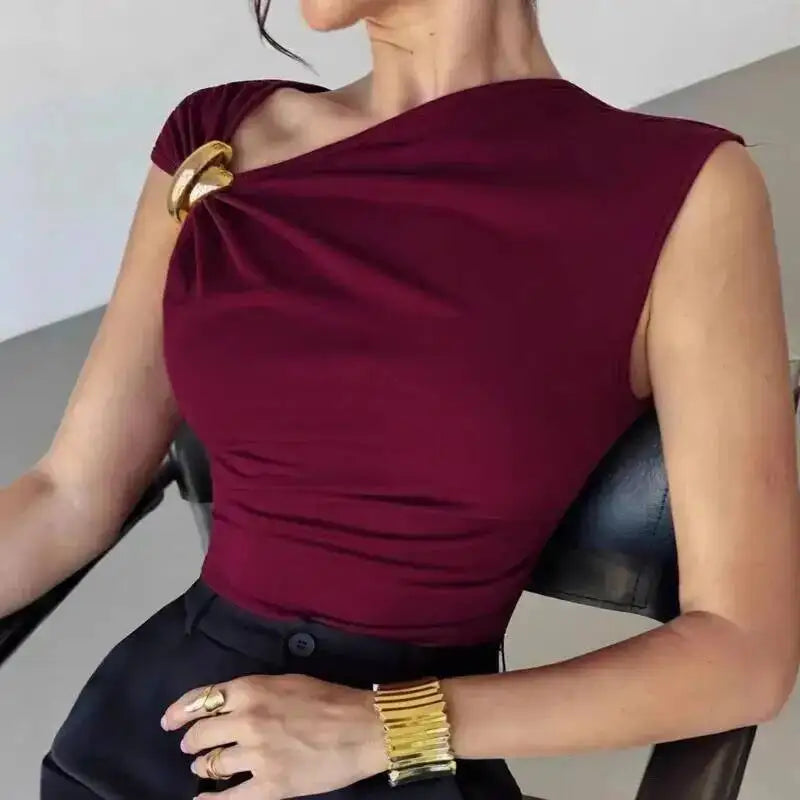 Women Solid Color Short Sleeved Top Summer Asymmetrical Slanted Collar Slimming Vest Elegant Comfortable And Breathable Vest