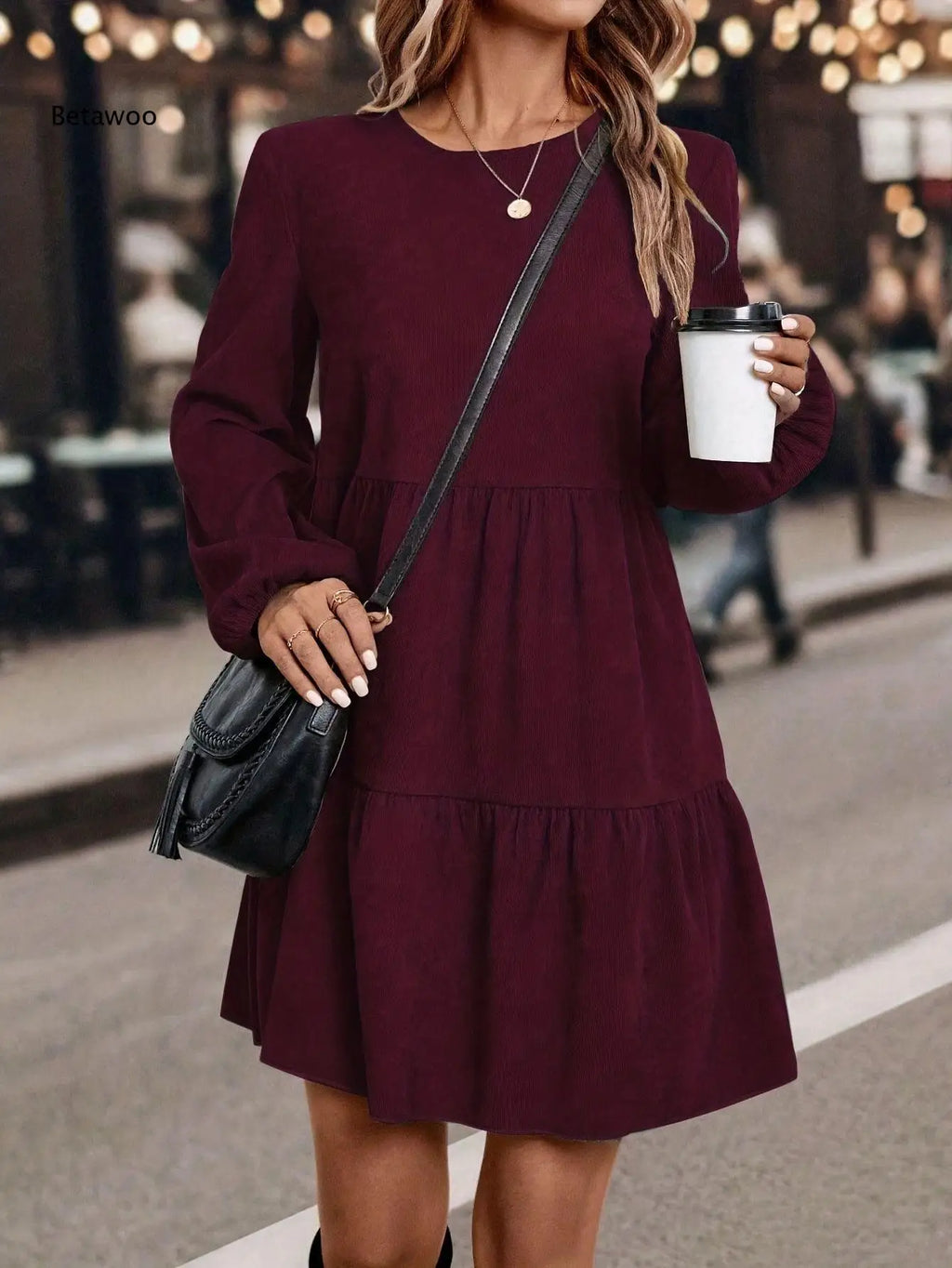 Women's Long Sleeve Tiered Ruffle Mini Dress, Casual Round Neck Solid Color Swing A-Line Dress for Autumn Winter Daily Wear