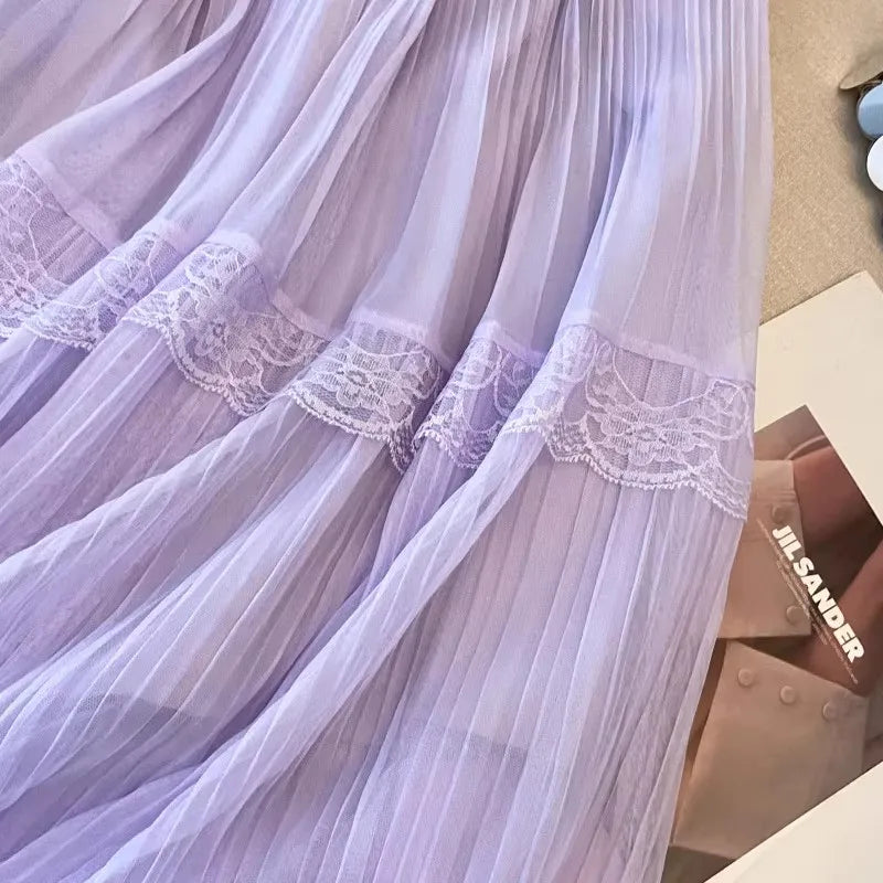 Retro Sweet White Long Skirt Women Casual Loose High Waist Elegant Skirt Vintage Lace Patchwork Korean Summer Long Skirts
