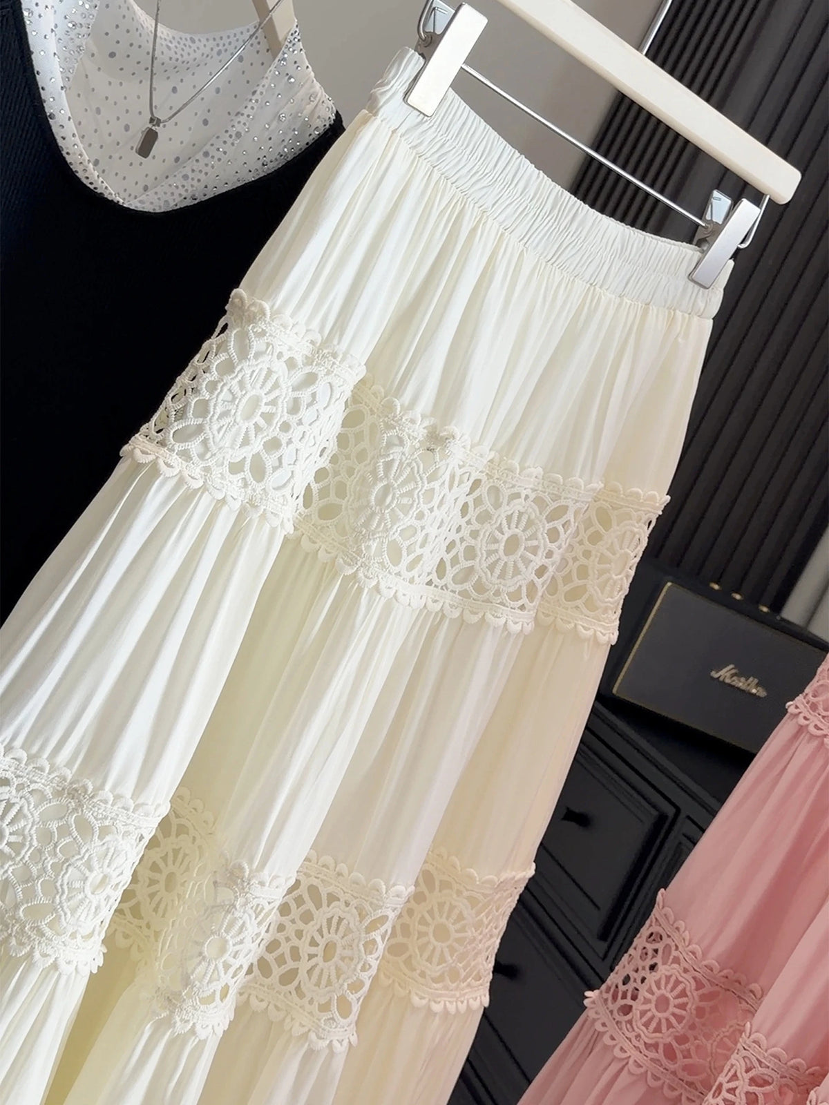 Korean-Style White Cake-Tier Skirt Women's Spring/Summer New Arrival Lace Cutout Patchwork Cotton Elegant Midi Skirt