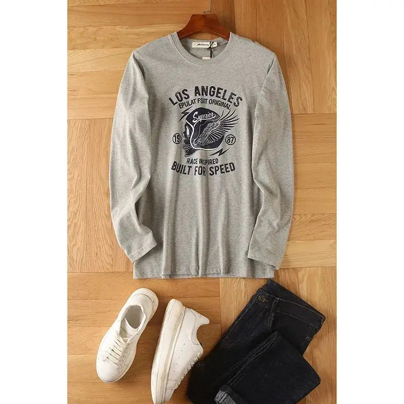 Men's Premium Pure Cotton Long Sleeve T Shirt With Washed Brushed Finish Retro American Print For Men