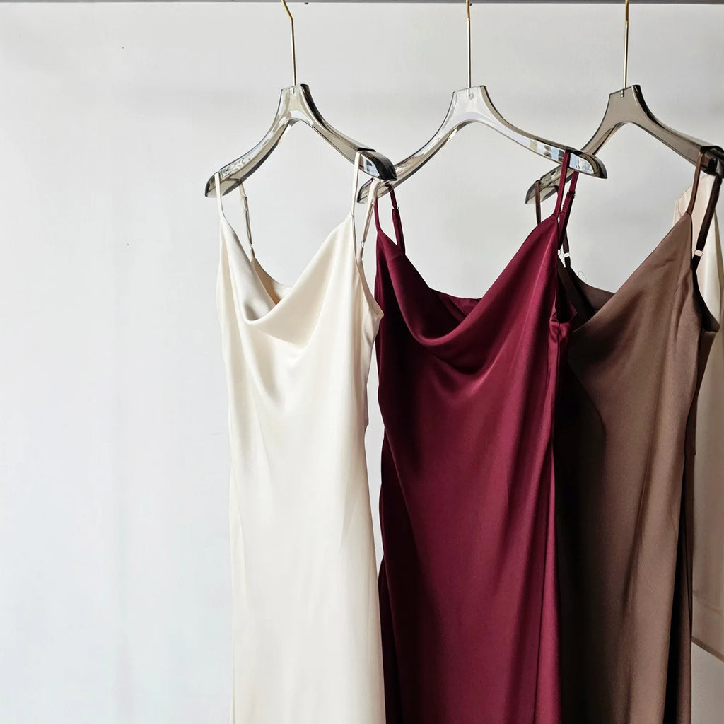 Acetate Satin Long Dress Women's Vacation Gown U-Neck Strapless Luxury Elegant Draped Skirt Three-Dimensional Effect Dyed