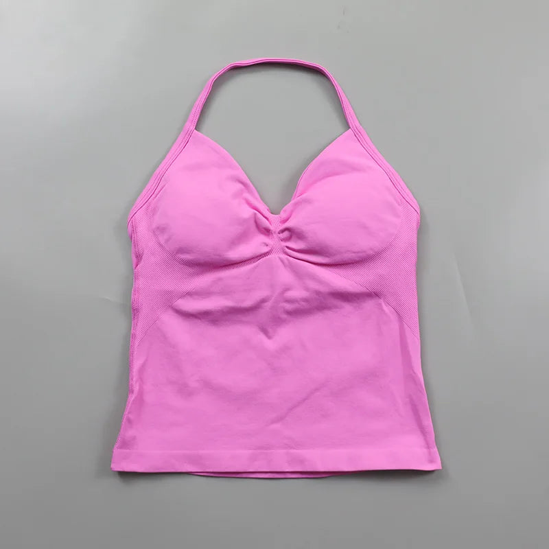 No Logo Longline Strappy Top Women Seamless Yoga Tank Top Ruched Backless Gym Clothes Workout Sleeveless Shirt With Built In Bra