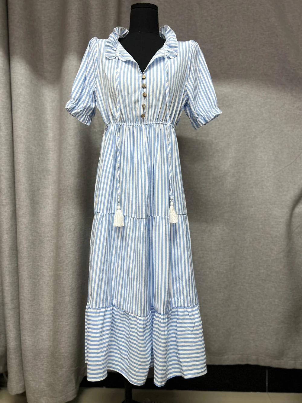 Bohemia Tassel Bandage Striped Summer Dress Women Elegant V-neck Puff Sleeve Elastic Waist Midi Dress Female Holiday Beach Dress