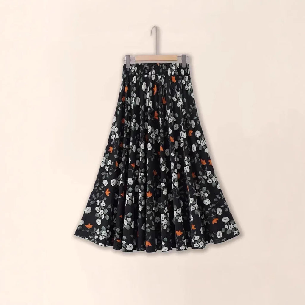 Slimming Ice Silk Elastic Waist Long Skirt Casual Fashion Print Women's Half Skirt Length 83cm Sun Dress A- Line Skirt
