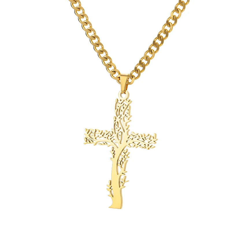 Stainless Steel Jesus Cross Necklace For Women'S Men Gold Color Caravaca Angels Crucifix Charm Choker Rapper Jewelry Hip Hop