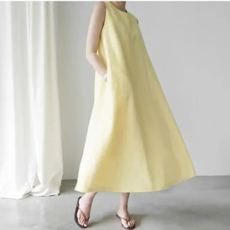 Korean Fashion Women Dress Casual Round Neck Loose Solid Color Casual Big Swing Sleeveless Long Linen Lazy Style Vestidos