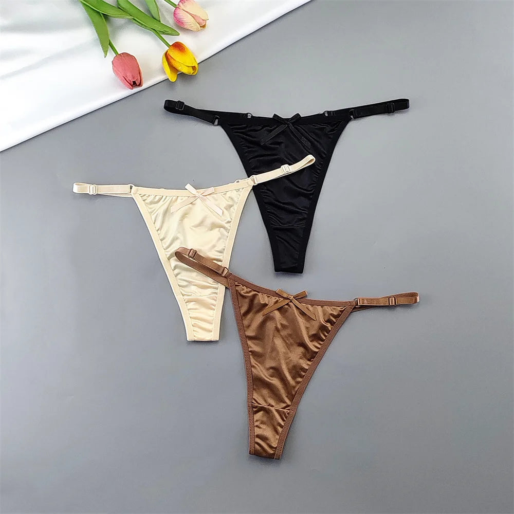 3pcs Women's Low-Rise Satin G-String Thong Panties - Adjustable