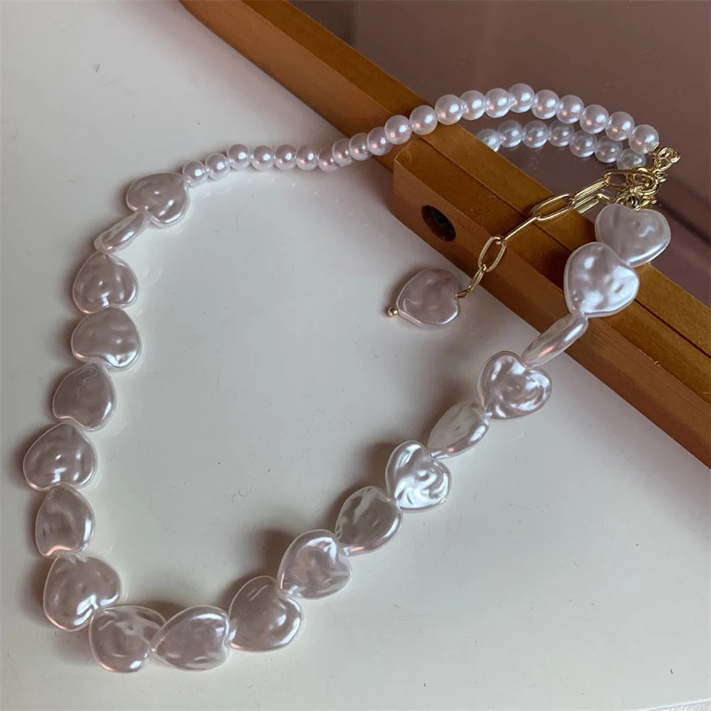 Pearl Multi Layer Necklace With Heart Pendant For Girls Elegant Irregular Pearl Choker Gift