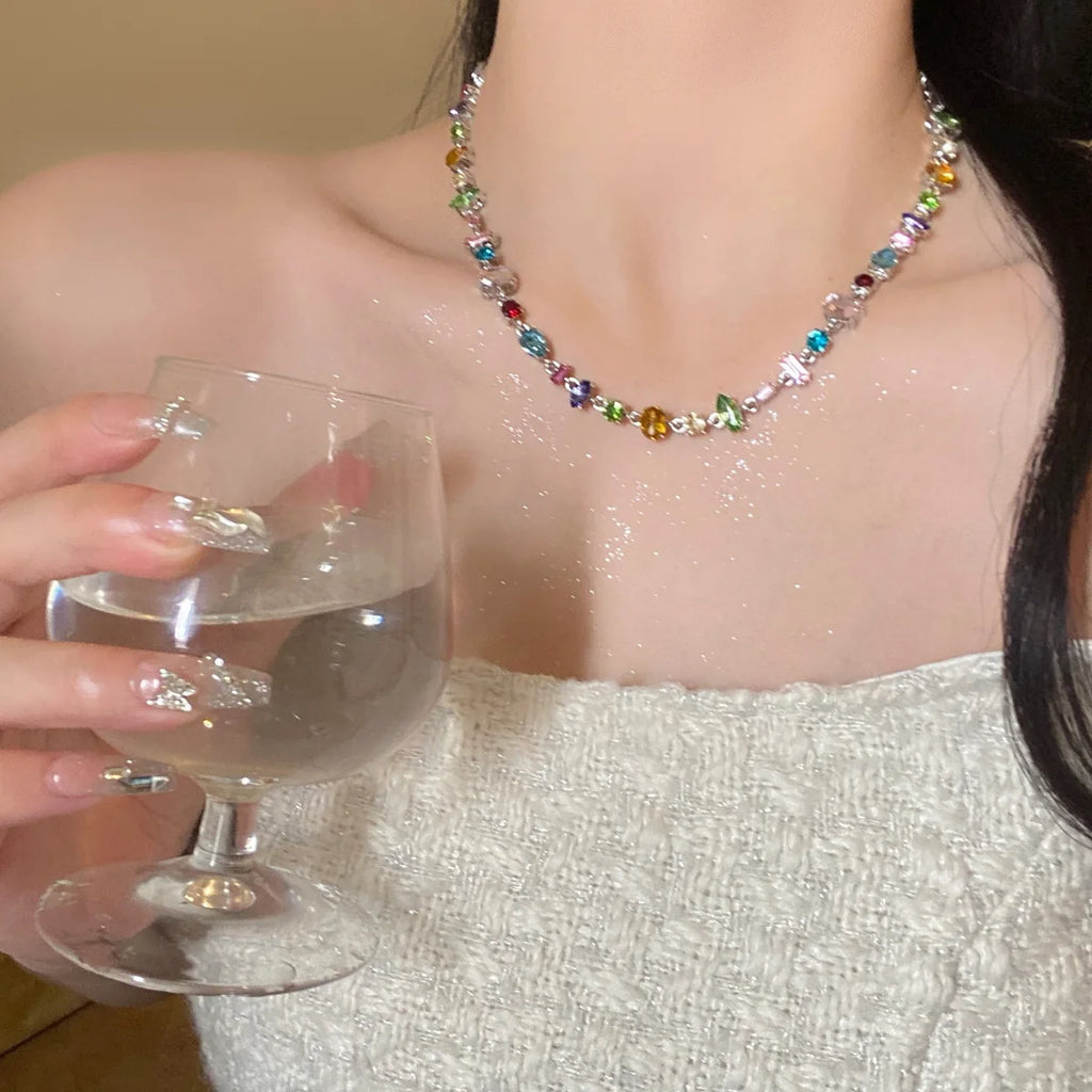 2026 Colorful Crystal Necklace Bracelet Chain Jewelry Set for Women Elegant Clavicle Chain Irregular Zircon Party Gift for Women